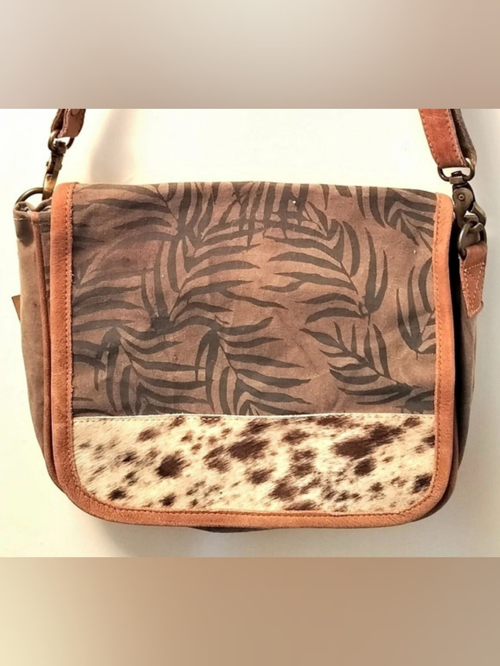 Clea Ray Army Green Canvas And Leather Crossbody Bag Hair On Hide Brown & Cream